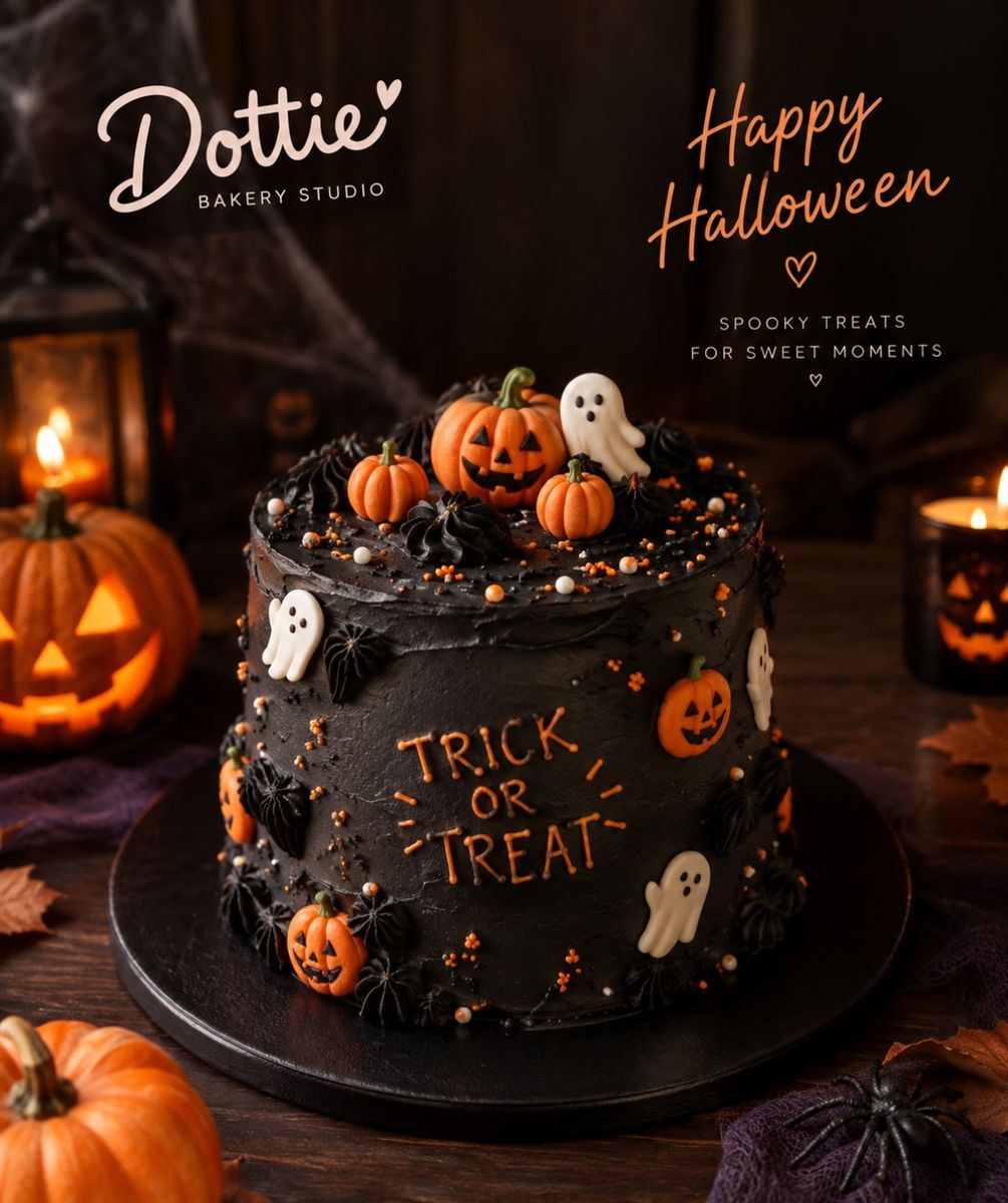 Dark chocolate Halloween cake with fondant pumpkins, ghosts and a Trick or Treat message